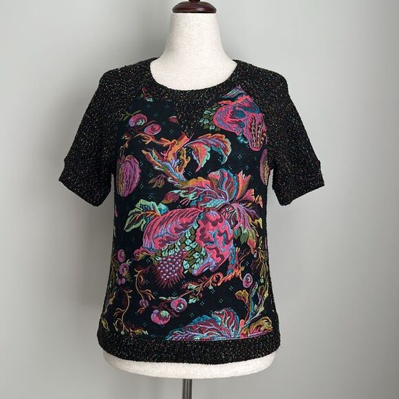 Anthropologie James Coviello Floral Brocade Metallic Knit Sweater Blouse Small - Picture 2 of 11